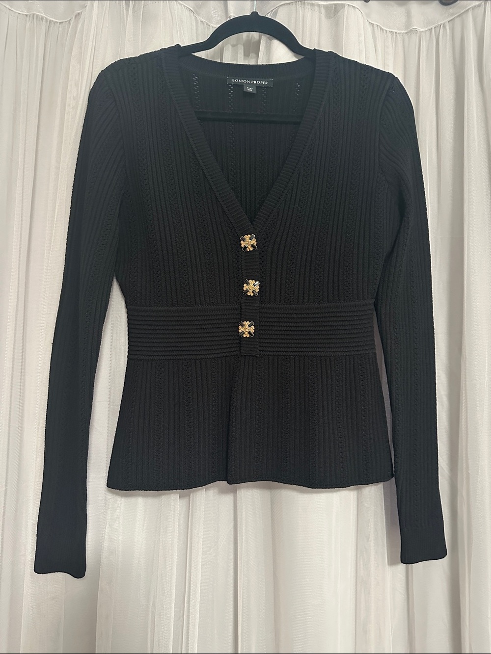 Boston Proper Black Ribbed Knit V-Neck Cardigan with Gold Accent Buttons